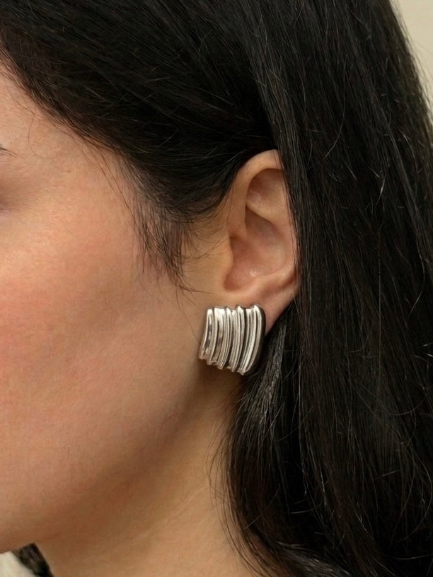 Ribbed Silver Square Clip-on Earrings