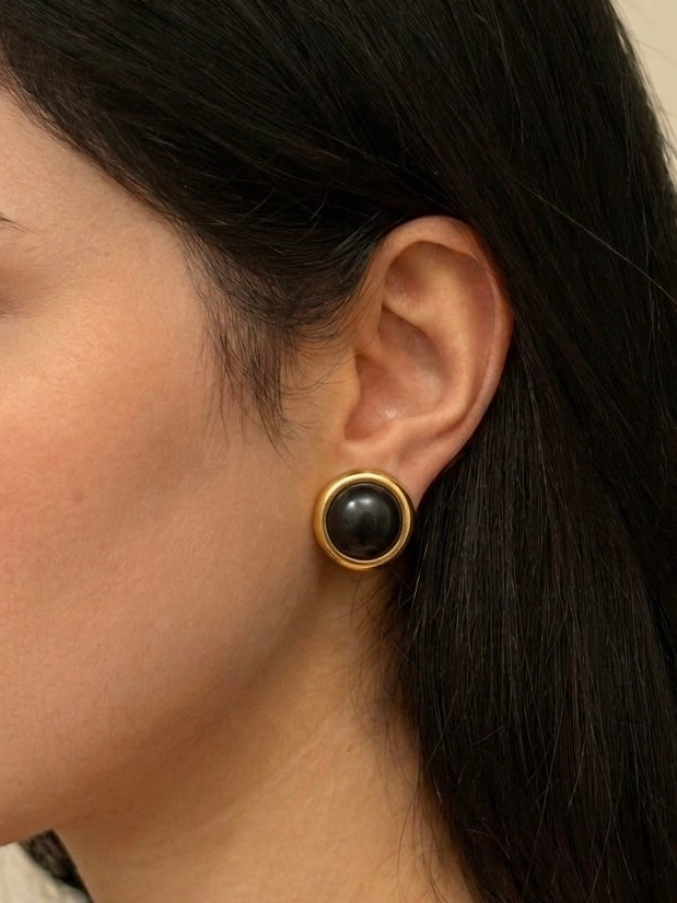 Matted Black Enamel Cabochon Clip-on Earrings