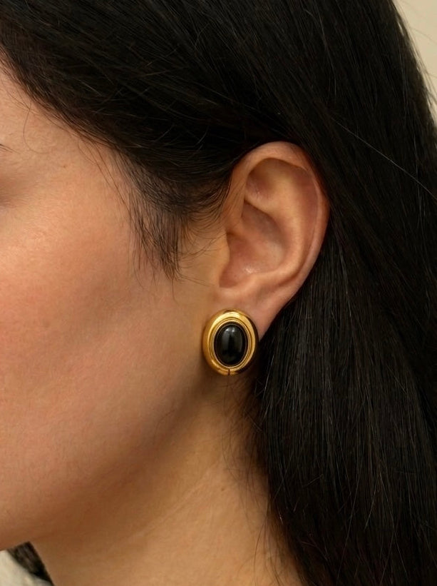 Black Cabochon Oval Clip-on Earrings