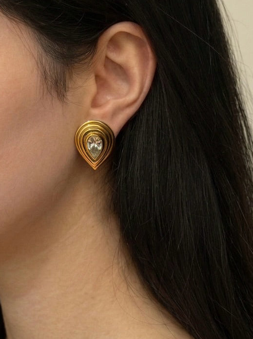 Ribbed Teardrop Rhinestone Clip-on Earrings